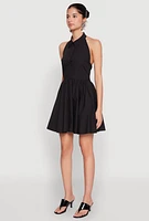 Womens Halter Button Front Skater Dress, Black, Size M