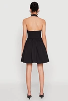 Womens Halter Button Front Skater Dress, Black, Size M