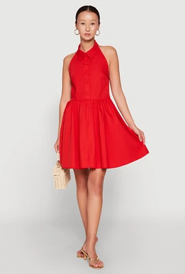 Womens Halter Button Front Skater Dress, Red, Size M