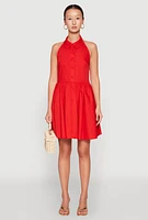 Womens Halter Button Front Skater Dress, Red, Size M