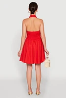 Womens Halter Button Front Skater Dress, Red, Size M