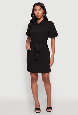 Womens Chic Twill Puff Sleeve Shirt Dress with Tie Waist Belt,