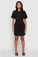 Womens Chic Twill Puff Sleeve Shirt Dress with Tie Waist Belt,