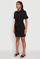 Womens Chic Twill Puff Sleeve Shirt Dress with Tie Waist Belt,