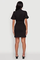 Womens Chic Twill Puff Sleeve Shirt Dress with Tie Waist Belt,
