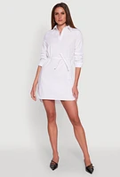 Womens Poplin Tie Waist Belted Shirt Dress, White, Size S