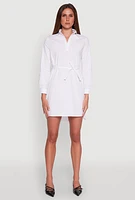 Womens Poplin Tie Waist Belted Shirt Dress, White, Size S