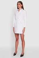 Womens Poplin Tie Waist Belted Shirt Dress, White, Size S
