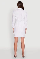 Womens Poplin Tie Waist Belted Shirt Dress, White, Size S