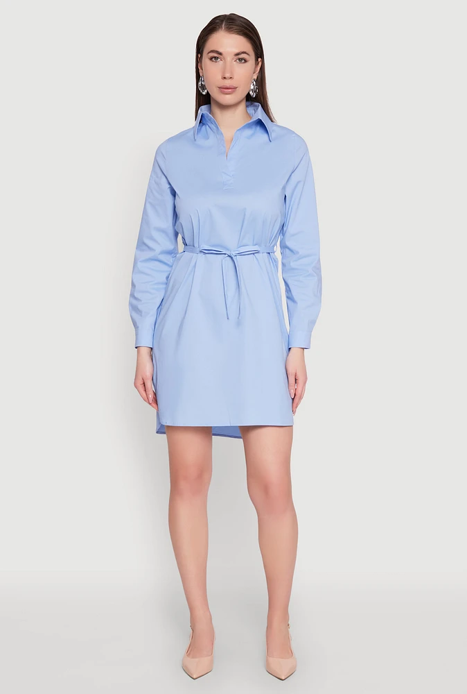 Womens Poplin Tie Waist Belted Shirt Dress, Blue, Size L