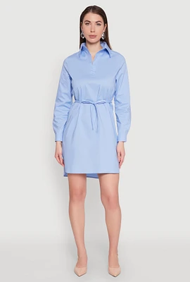 Womens Poplin Tie Waist Belted Shirt Dress, Blue, Size L
