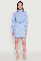 Womens Poplin Tie Waist Belted Shirt Dress, Blue, Size L