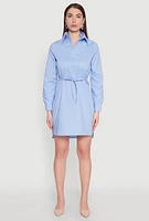 Womens Poplin Tie Waist Belted Shirt Dress, Blue, Size L