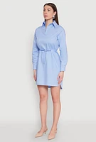 Womens Poplin Tie Waist Belted Shirt Dress, Blue, Size L