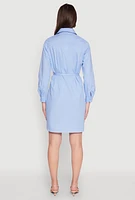 Womens Poplin Tie Waist Belted Shirt Dress, Blue, Size L