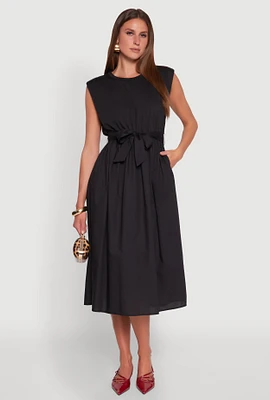 Womens Cap Sleeve Tie Waist Midi Dress, Black, Size L