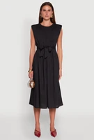 Womens Cap Sleeve Tie Waist Midi Dress, Black, Size L