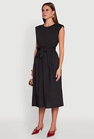 Womens Cap Sleeve Tie Waist Midi Dress, Black, Size S