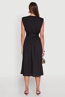 Womens Cap Sleeve Tie Waist Midi Dress, Black, Size L