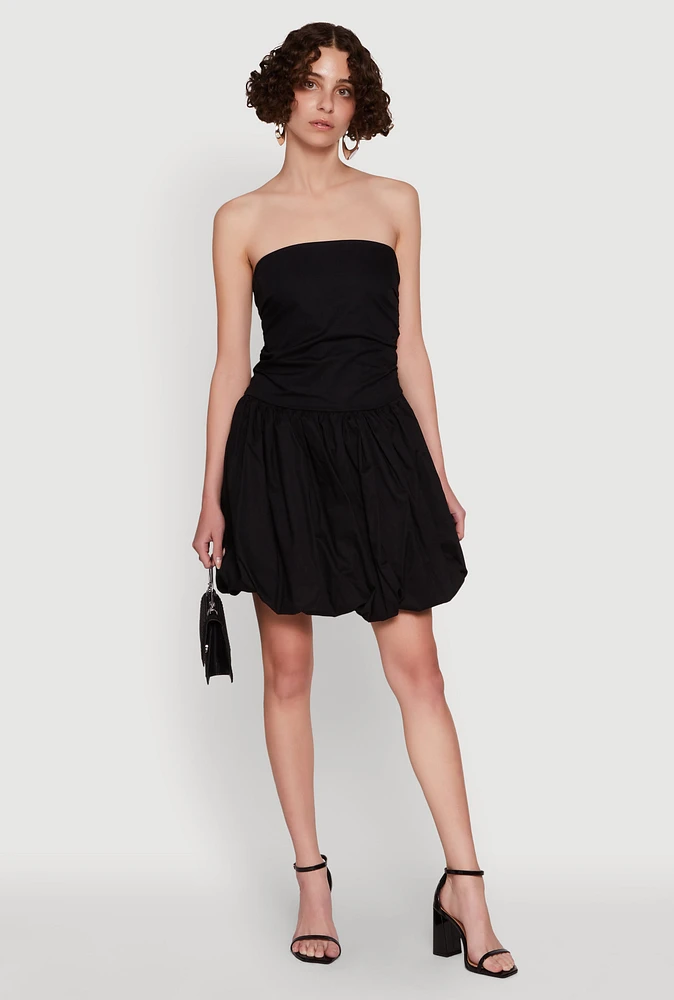 Womens Chic Strapless Poplin Dress with Bubble Hem and Tie Back,