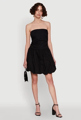 Womens Chic Strapless Poplin Dress with Bubble Hem and Tie Back,