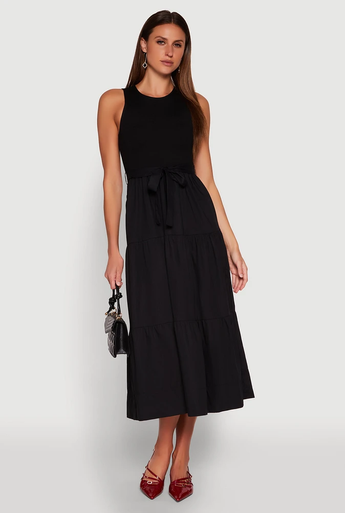 Womens Tie Waist Belted Tiered Maxi Dress, Black, Size S