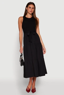 Womens Tie Waist Belted Tiered Maxi Dress, Black, Size S
