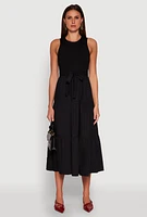 Womens Tie Waist Belted Tiered Maxi Dress, Black, Size S