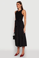 Womens Tie Waist Belted Tiered Maxi Dress, Black, Size S