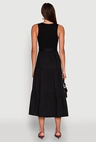 Womens Tie Waist Belted Tiered Maxi Dress, Black, Size S