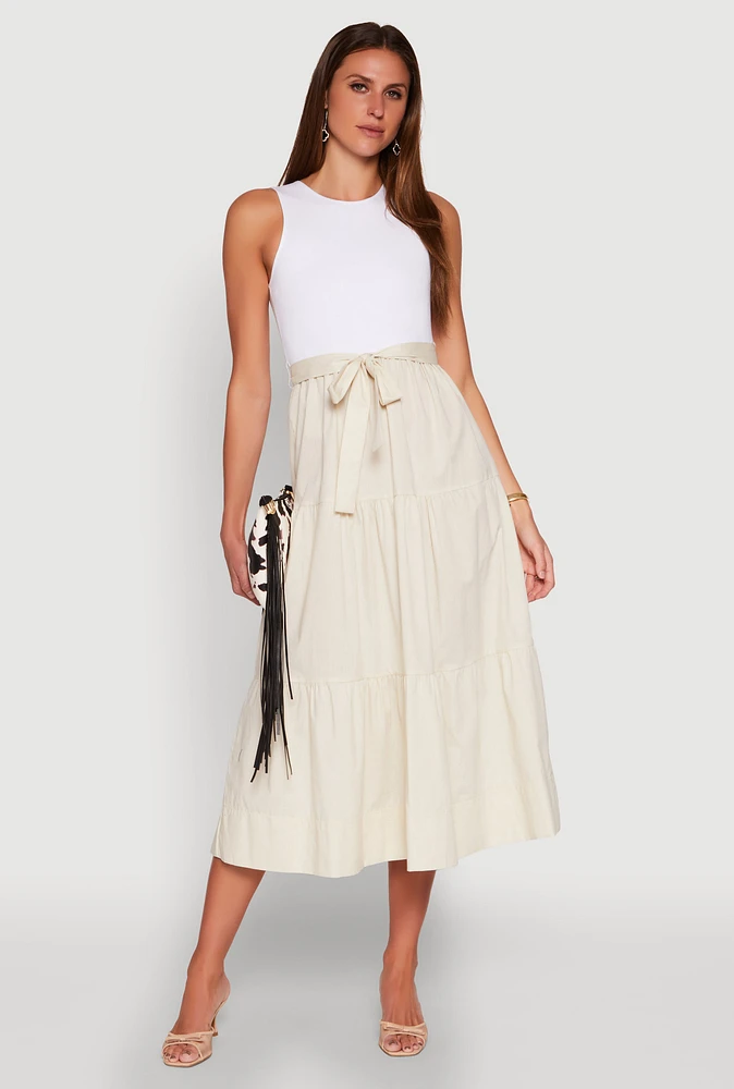 Womens Tie Waist Belted Tiered Maxi Dress, Beige, Size M