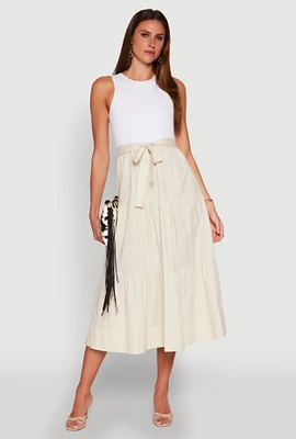 Womens Tie Waist Belted Tiered Maxi Dress, Beige, Size M