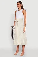 Womens Tie Waist Belted Tiered Maxi Dress, Beige, Size M