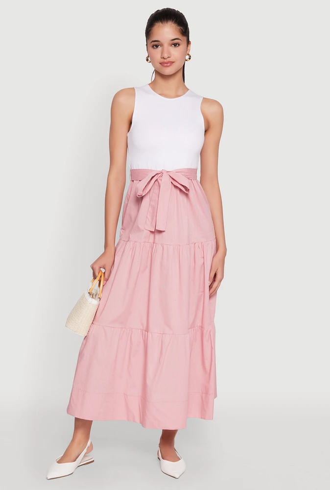 Womens Tie Waist Belted Tiered Maxi Dress, Pink,