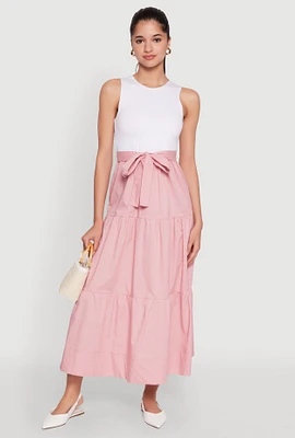 Womens Tie Waist Belted Tiered Maxi Dress, Pink,