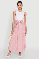 Womens Tie Waist Belted Tiered Maxi Dress, Pink,
