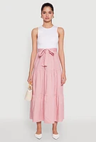 Womens Tie Waist Belted Tiered Maxi Dress, Pink,
