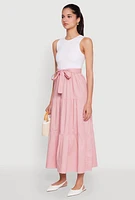 Womens Tie Waist Belted Tiered Maxi Dress, Pink,