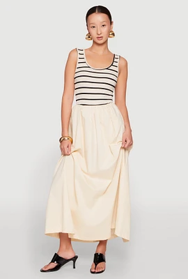 Womens Sleeveless Half Striped Bodice Maxi Dress, Beige,