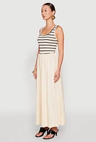 Womens Sleeveless Half Striped Bodice Maxi Dress, Beige,