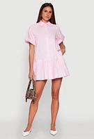 Womens Puff Sleeve Flounce Hem Shirt Dress, Pink, Size S