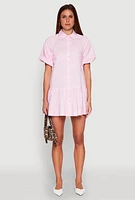 Womens Puff Sleeve Flounce Hem Shirt Dress, Pink, Size S