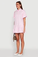 Womens Puff Sleeve Flounce Hem Shirt Dress, Pink, Size S