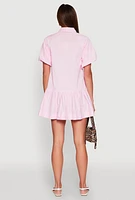 Womens Puff Sleeve Flounce Hem Shirt Dress, Pink, Size S