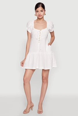 Womens Square Neck Tie Front Mini Peasant Dress,