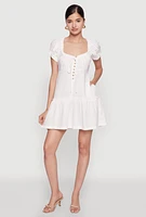 Womens Square Neck Tie Front Mini Peasant Dress,