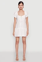 Womens Square Neck Tie Front Mini Peasant Dress,