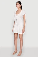 Womens Square Neck Tie Front Mini Peasant Dress,