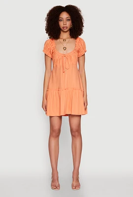 Womens Square Neck Tie Front Mini Peasant Dress, Orange, Size M