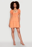 Womens Square Neck Tie Front Mini Peasant Dress, Orange, Size M